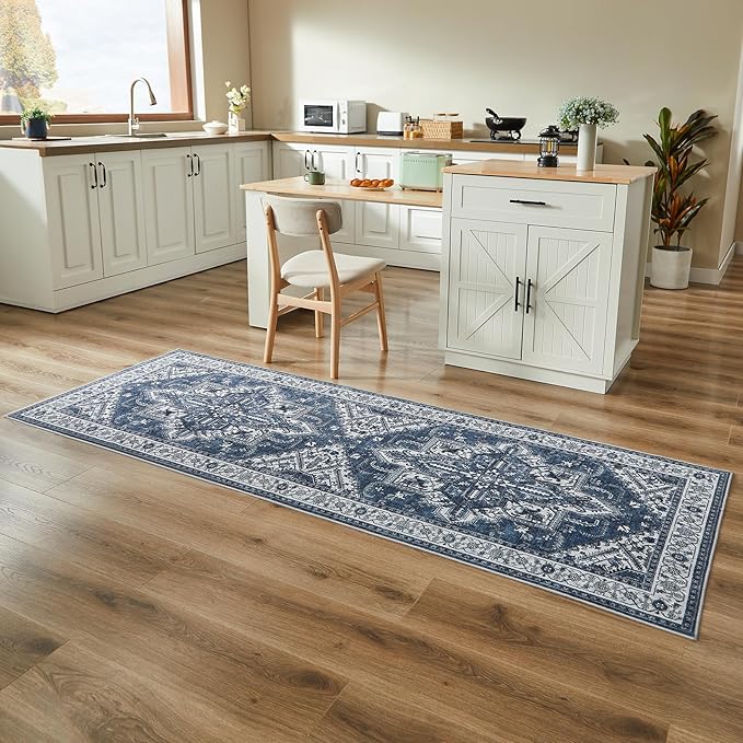 WITSHOCK Living Room Area Rugs 3x8: Washable Rug Boho Soft Non-Slip Low Pile Stain Resistant Foldable Carpet for Bedroom Playroom Dining Room Office Kitchen Farmhouse Home Decor Rug-Blue