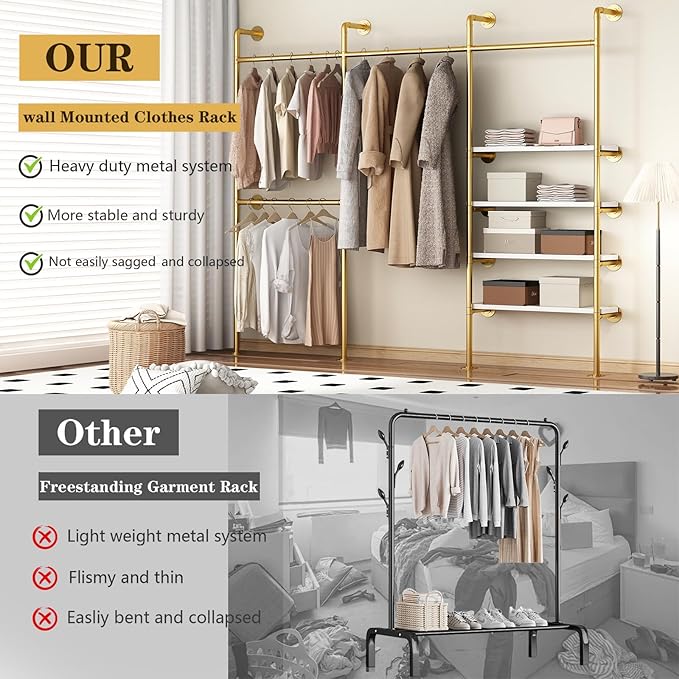Industrial Pipe Clothes Rack, Gold Clothing Rack with Shelves, Wall Mounted Clothes Rack Heavy Duty Closet Organizers Wardrobe Multi-Purpose Storage Clothes Hanging Shelf - 94.5''L Gold