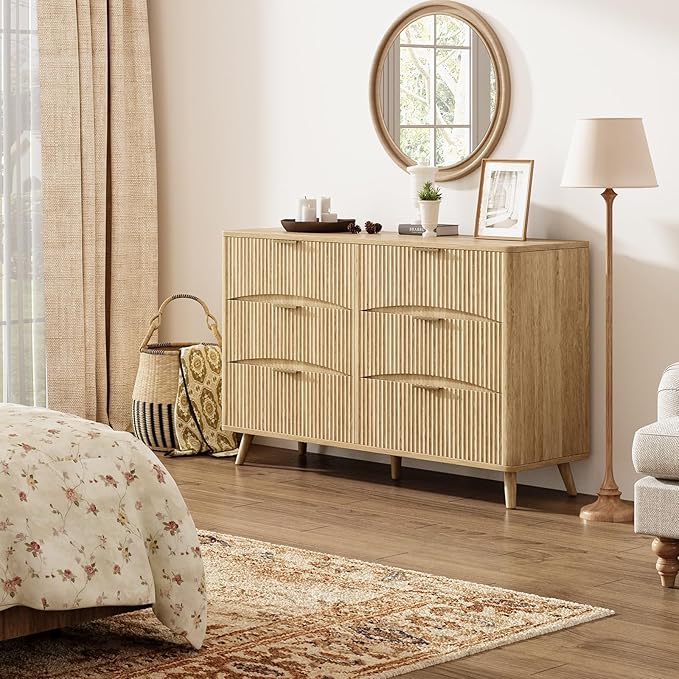 Evermagin 55" Wide Fluted 6 Drawer Dresser, Mid Century Modern Curved Dresser, Light Wood Chest of Drawers for Bedroom, Living Room and Entryway, Natural Oak
