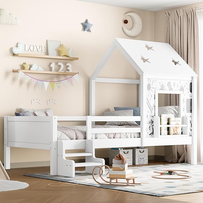Bellemave Twin House Bed with Rails or guardrails and Bookcase, Wooden Twin House Shape Platform Bed for Boys, Girls, Teens, White