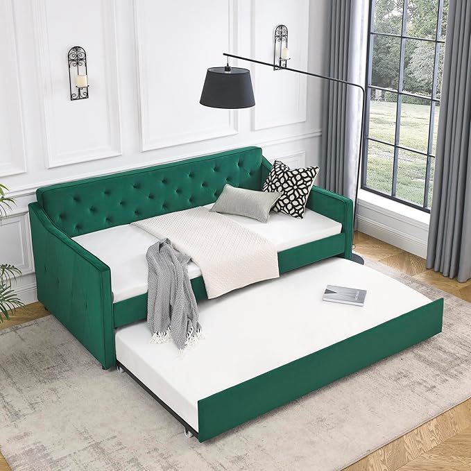 Bellemave Twin Upholstered daybed with Trundle, Velvet Sofa Bed Twin Size, daybed with Trundle for Adults, Kids, Girls, Teens, for Living Room, Green