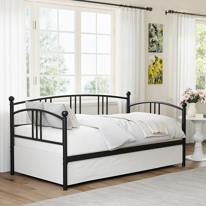 GarveeHome Twin Daybed, Sturdy Metal Day Bed with Steel Slat Support, Arched Headboard Sofa Bed for Living Room, Bedroom and Guest Room, Black