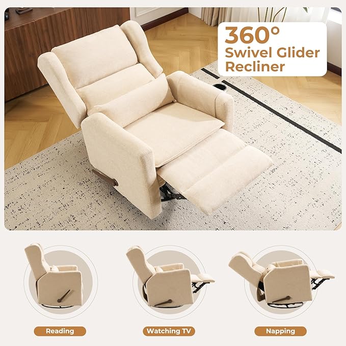 Swivel Rocker Recliner Chair,Comfy Glider Rocker Recliner with Adjustable Headrest,Rocking Chair Nursery for Living Room & Bedroom,Chenille,Beige