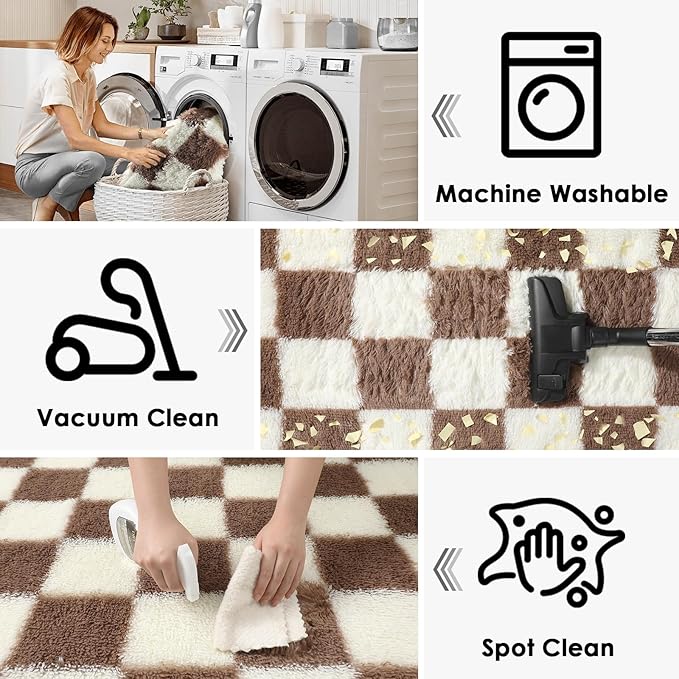 KICMOR 4x6 Brown and Cream White Area Rugs for Bedroom, Fluffy Shag Shaggy Fuzzy Checkered Living Room Rug, Soft and Comfy Bedside Carpet, Furry Plush Rug for Kids Room Nursery Home Decor Aesthetic