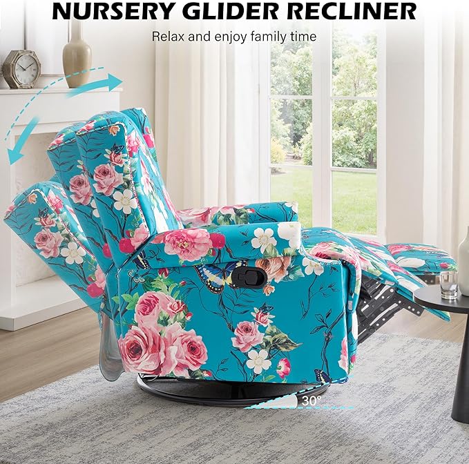 UIXE Floral Swivel Glider Recliner Chairs Set of 2, High Backrest Nursery Rocker Fabric Accent Chair for Living Room, Rivet Trim Upholstered Armchair Manual Reclining Sofa Seating - Peacock Blue
