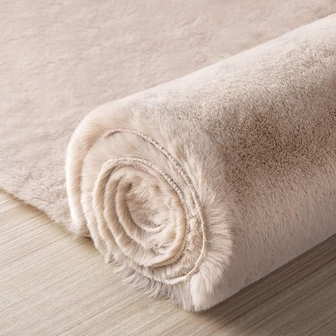 Ashler Faux Fur Rug, Upgraded Soft Faux Rabbit Fur, Beige Area Rugs, 2 x 6 Feet, Machine Washable Nursery Decor Throw Rugs for Bedroom, Kids Room, Living Room