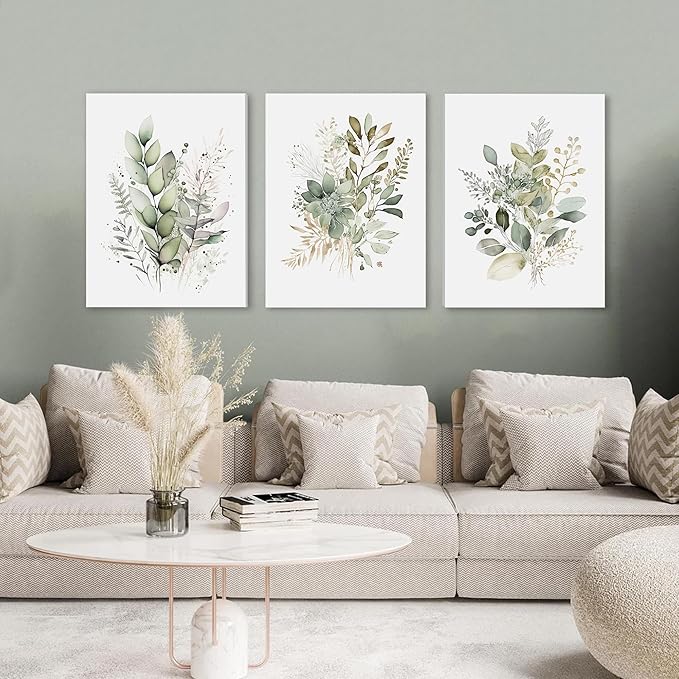 WRFON Watercolor Botanical Wall Art Set of 3 Boho Sage Green Wildflower Canvas Wall Art Prints Modern Floral Wall Decor for Bedroom Living Room Bathroom Decorations Framed 12x16 Inches
