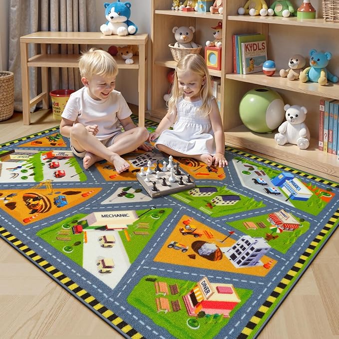 STARUIA Car Rug Play Mat, Non-Slip City Road Map Kids Rugs for Playroom Bedroom Boys Car Mat for Kid Toy Cars, Educational Baby Children Play Rug for Learn and Have Fun, 36"x59"