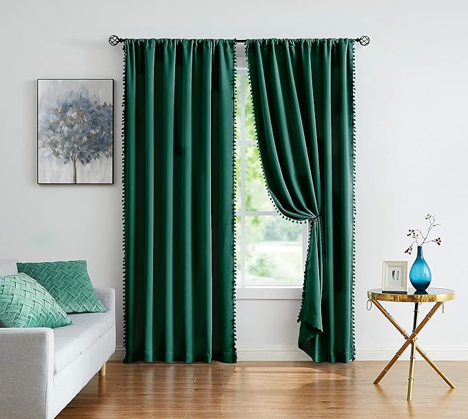 Treatmentex Green Blackout Curtains for Bedroom 84 inch Pom Pom Windows Drapes Cute Decorative Triple Weave Thermal Insulated Curtain Drapes for Nursery Room Studio Hotel 52" w x2 Panels Rod Pocket