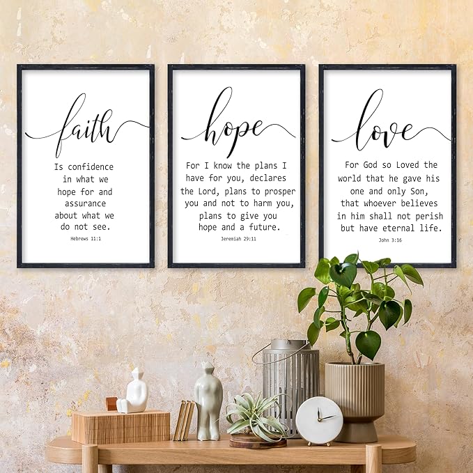 Faith Hope and Love Bible Verses Wall Decor Sign 16x24 Inch Wood Framed Set of 3 Farmhouse Living Room Christian Faith Scripture Art Inspirational Religious Quote Love Wall Hanging (Black)