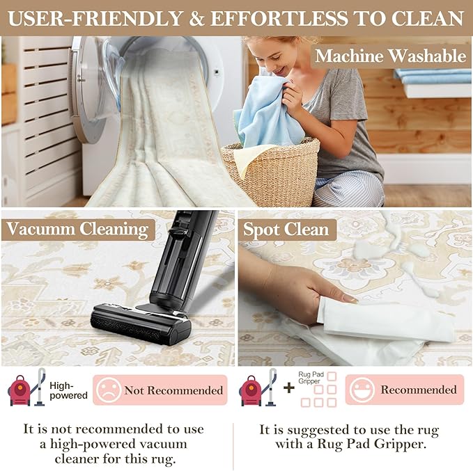 Machine Washable Rugs Nursery Rug 8x10 Area Rugs Girl Non Slip Low Pile Water Repellent Soft Print Pattern for Bedroom Indoor Decor Kids Playroom Cream