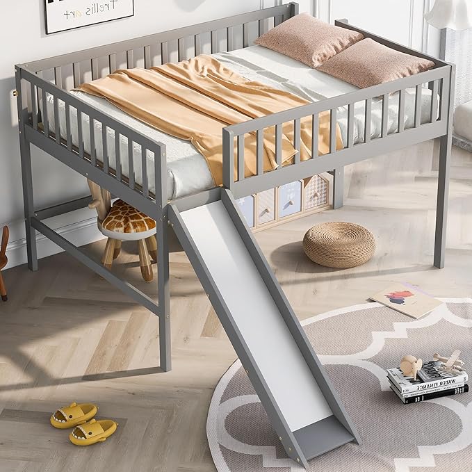 Full Size Low Loft Bed Frame for Boys Girls Kids Adults Toddler for Boys Girls Kids Adults Toddler with Ladder and Slide,Gray
