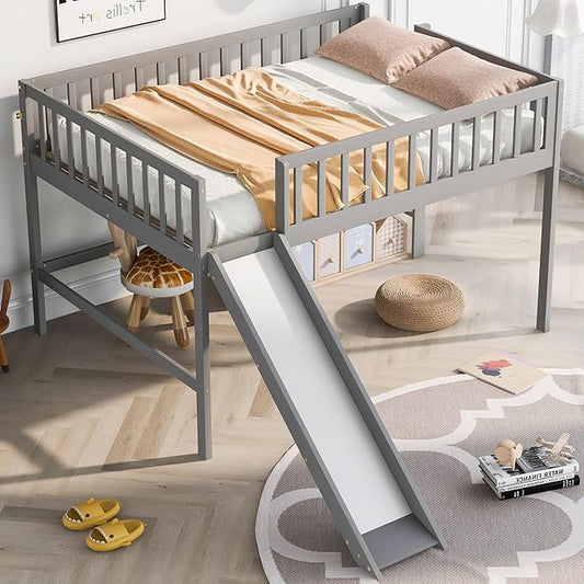 Full Size Low Loft Bed Frame for Boys Girls Kids Adults Toddler for Boys Girls Kids Adults Toddler with Ladder and Slide,Gray