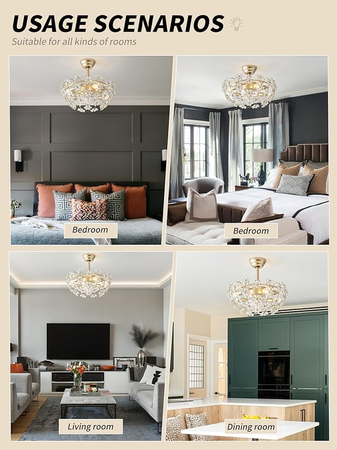 20" Gold Crystal Fandelier Ceiling Fan with Light, Mid-Century Flower Chandelier Ceiling Fan with Light Remote Control, Modern Caged 6 Speeds for Bedroom, Nursery, Foyer, Living Room