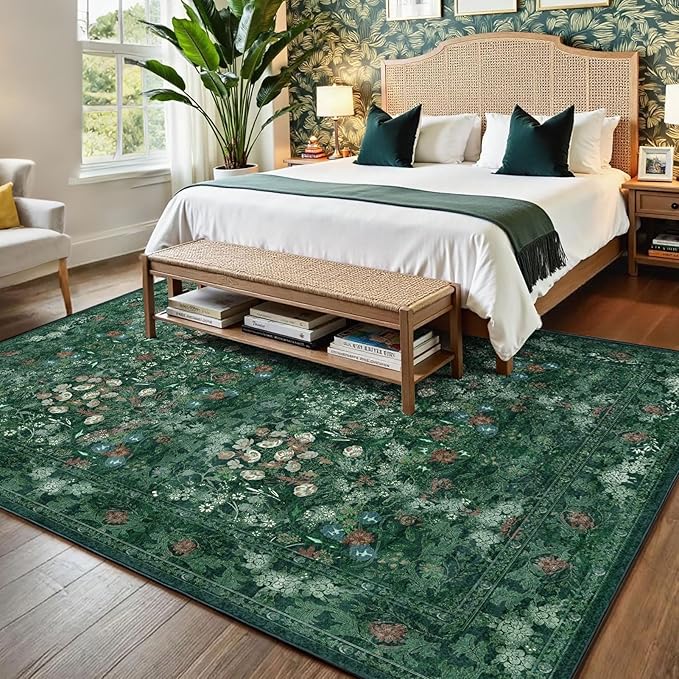 Green Boho Living Room 5x7 Area Rug, Floral Washable Vintage Distressed Rug for Dining Room Under Table, Bedroom, Nursery, Home Office - Low Pile Non Slip Art Deco Carpet, Farmhouse Accent Mat