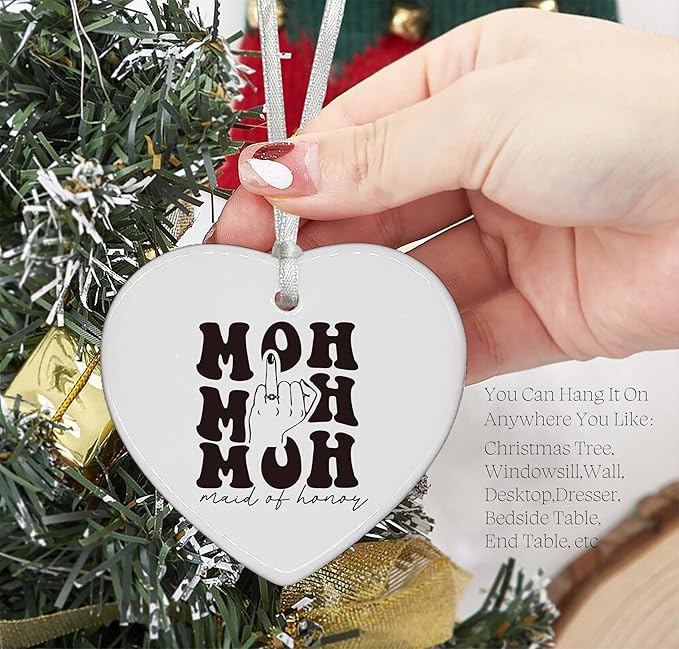 Heart Shaped Christmas Ornament-Maid of Honor Proposal Gift from Bride-Wedding Bachelorette Party Present for Besties Friends Women-Ceramic Ornament Keepsake Decor Gift