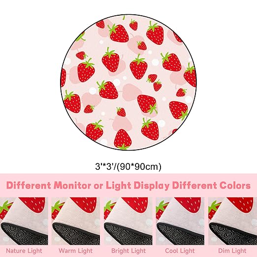 3Ft Round Strawberry Rug Kwaii Pink Circle Rugs for Bedroom Dorm Living Room Cute Area Rug Floor Mat Pad Doormat Carpet, 3'X3'(90x90cm)