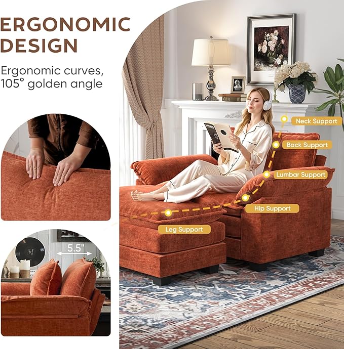 CDCASA Oversized Accent Chair with Ottoman, Chenille Comfy Cloud Sofa Chair with Large Seat and Upholstered Armrests, Modern Extra Wide Armchair for Bedroom, Living Room,Set of 2,Terracotta Orange