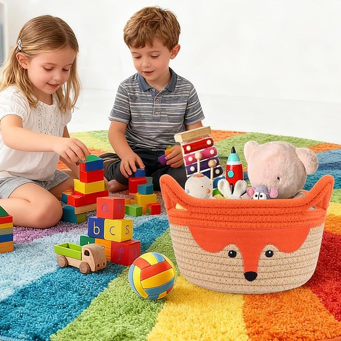 Small Storage Basket, Cute Fox Animal Gift Basket for Nursery, Woven Rope Cotton Storage, Soft Baby Towel 0rganizer with Ears Handles, Caddy Blanket Towel Decor Storage Bin, 8.2"D x 4.7"H in