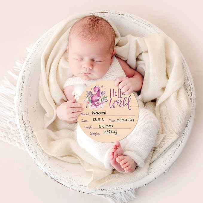 R HORSE Baby Birth Announcement Sign with Marker Pen, Pink Dragon Baby Name Sign with Ink Pad for Hand and Footprints, Wooden Hello World Newborn Announcement Nursery Decor Keepsake Gifts