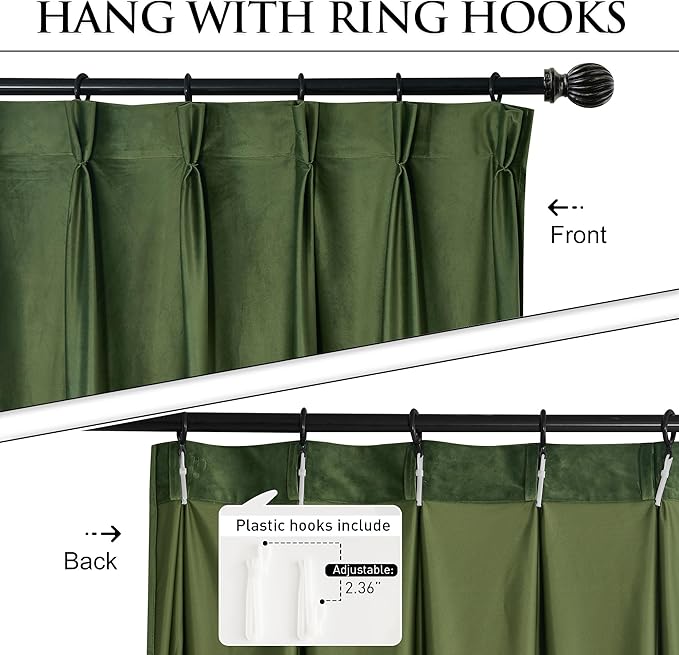 StangH Moss Green Velvet Pinch Pleated Curtains for Sliding Door, Super Soft Thermal Insulated Blackout Drapes 96 inch Luxury Decorative Backdrops for Hotel Hall Party, W52 x L96, 2 Panels
