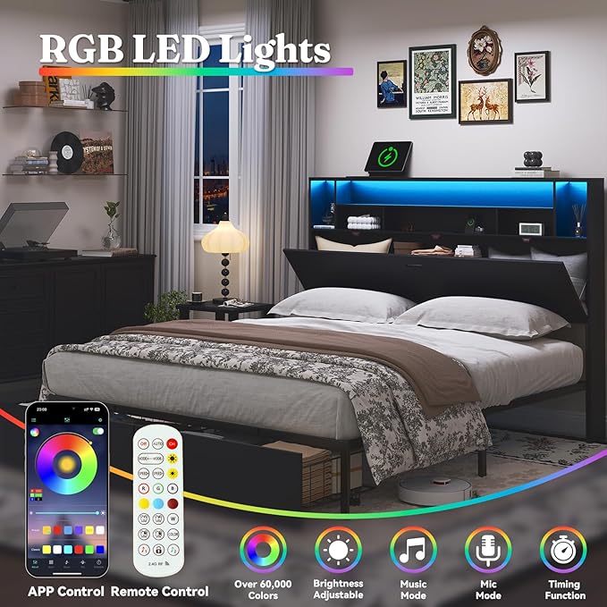 Queen Bed Frame with Large Headboard Storage, Bed Frames with 2 Under Bed Drawers, Built-in LED Lights Charging Station, Easy Assembly, Black