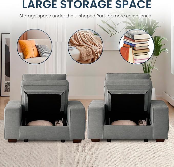 TEKAMON 45" Accent Chair with Seat Storage, Oversized Single Sofa Chair, Modern Chenille Fabric Armchair for Living Room/Office with Wide Armrests, Side Pockets, USB/Washable Covers(Light Grey)