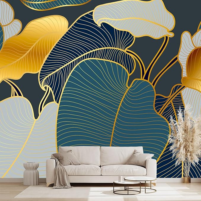 Golden Botanical Leaf wallpeper Living Room Bedroom Wall Mural - 137"x96"（Not Peel and Stick）