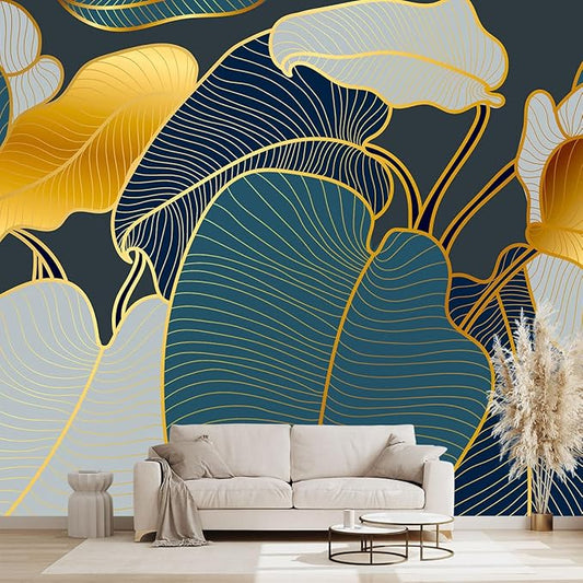 Golden Botanical Leaf wallpeper Living Room Bedroom Wall Mural - 137"x96"（Not Peel and Stick）