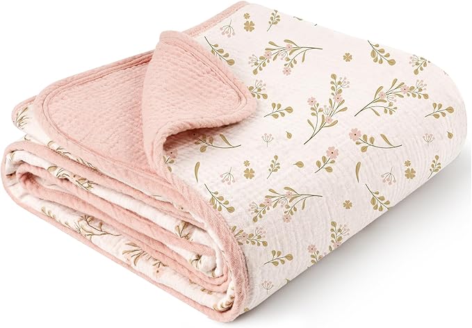 Konssy Muslin Baby Blankets for Girls Boys, 100% Cotton Crib Blanket for Infant Toddler, Super Soft and Lightweight Nursery Swaddling Wrap 40"x36" (Floral)