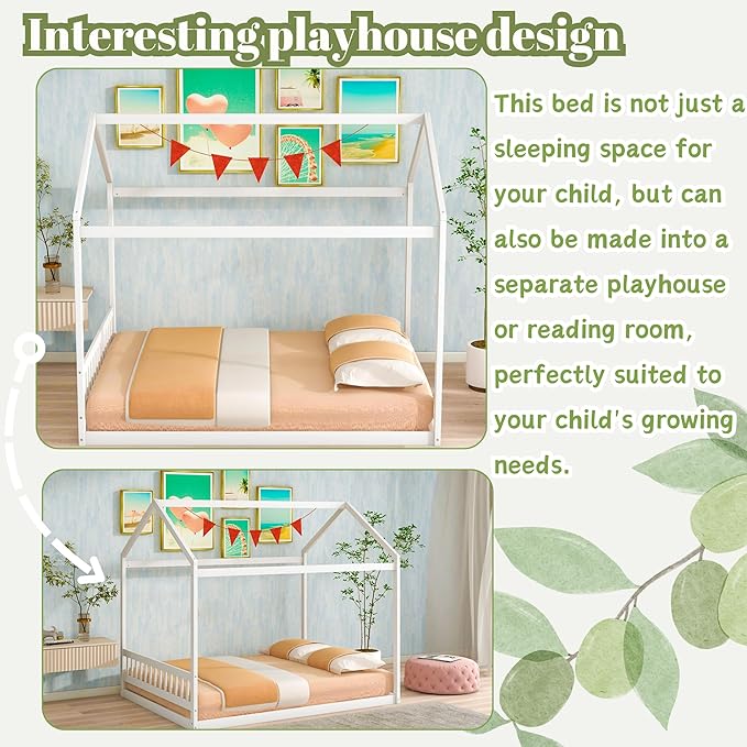 Bellemave Queen House Bed with Roof Wood Montessori Floor Beds for Kids Wood House Floor Bed Frame for Girls Boys Teens Adults, No Spring Box Needed, White