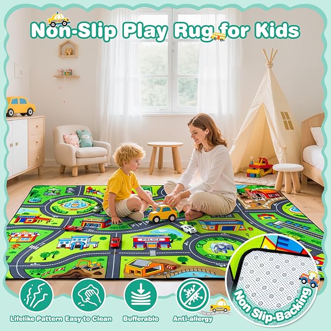 Road Car Rug, 5x7 Ft City Road Rug for Kids, Extra Thick (0.4in) Kids Play Rug Mat and Car Carpet with Realistic Colors - Perfect for Children, Soft and Non-Slip for Playroom and Bedroom