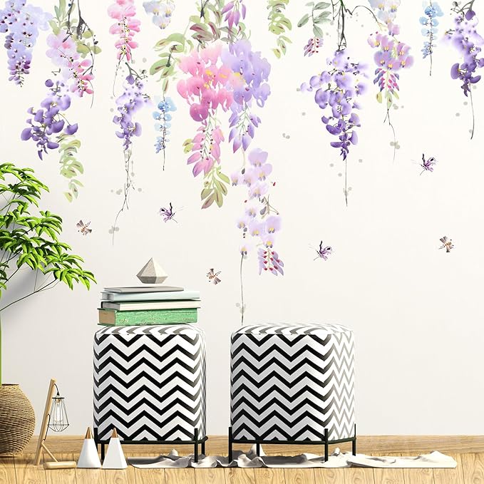 Amaonm 3D Removable Hanging Purple Blue Flowers With Green Leaves Wall Stickers Murals DIY Peel and Stick Flower Vines Floral Wall Decal for Home Wall Corner Kids Bedroom Living Room Nursery Decoration (C)