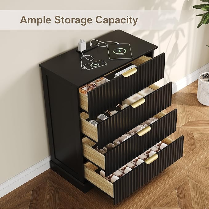 Fluted Dresser with 4 Drawers for Bedroom, 36.6" Tall Dresser with Charging Station, Wooden Chest of Drawers for Bedroom, Living Room, Entryway, Black