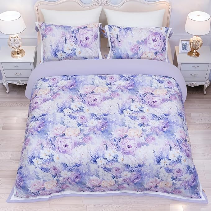 MAGRACE Floral Duvet Cover Set King Size - 3 Piece Washed Fiber Bedding Set with Zipper Closure & Ties, Soft Purple Lavender Botanical Print Comforter Cover – Cozy Breathable Bedding for Women Girls