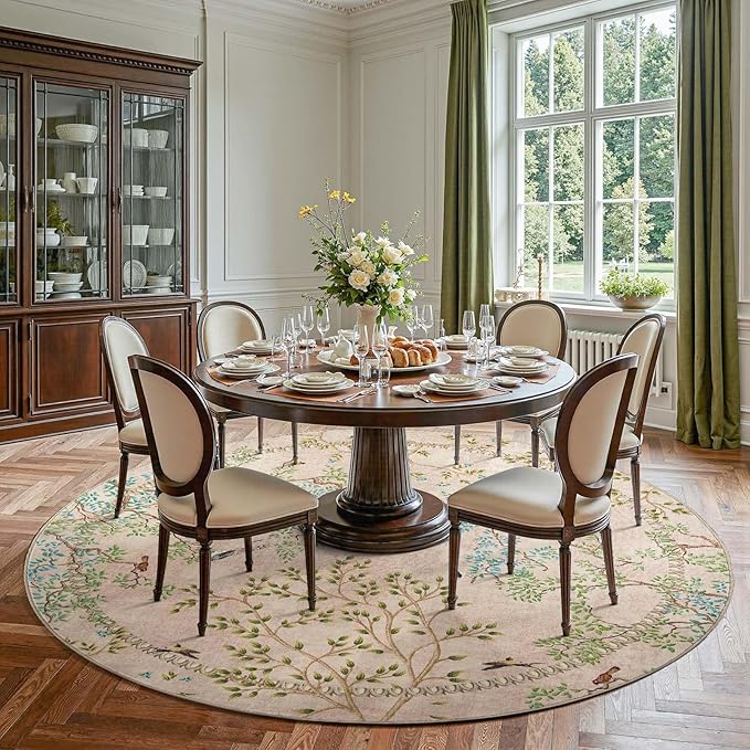 jinchan Yarden Round Rugs 7ft Beige Botanical Birds Print Machine Washable 7' Circle Nature Plants Modern Soft Non Slip Kids Throw Area Rugs Ultra Thin Low Pile Carpet for Living Room Bedroom