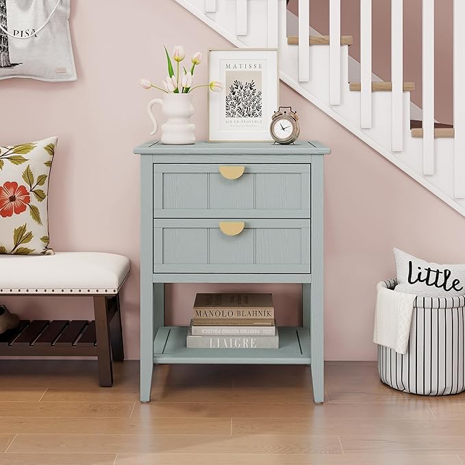 Nightstand, End Table with 2 Drawers, Mid Century Modern Side Table with Shelf Storage Bed Night Stand Accent Table for Bedroom, Living Room… (Light Green-C)