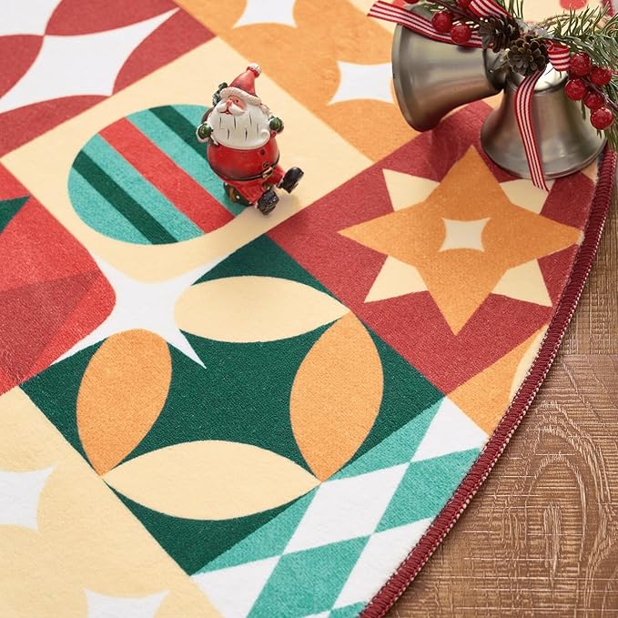 jinchan Round Christmas Rug 4ft for Entryway Washable Circle Christmas Bedroom Rug 4' Round Xmas Geometric Non-Slip Soft Carpet Festive Red-Green Holiday Patch Decor for Kitchen Living Room Porch
