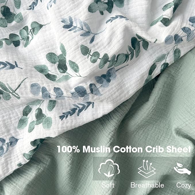 Little Grape Land Muslin Crib Sheets Fitted for Boys and Girls 2 Pack, 100% Cotton Baby Bed Sheets Soft Breathable, Neutral Fitted Baby Mattress Sheets for Standard Crib 52x28 inches, Green Leaves