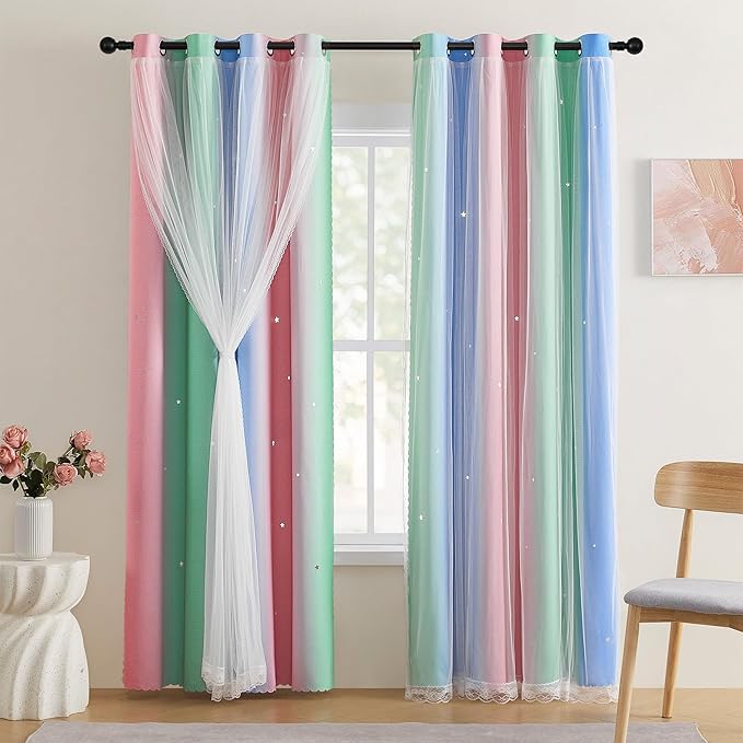 XiDi Girls Curtains for Bedroom 96 Inches Long 2 Panels Pink Green Blue Rainbow Blackout Curtains for Little Girl Kids Room Decor Living Room, Princess Unicorn Wall Decals Drapes 34x96