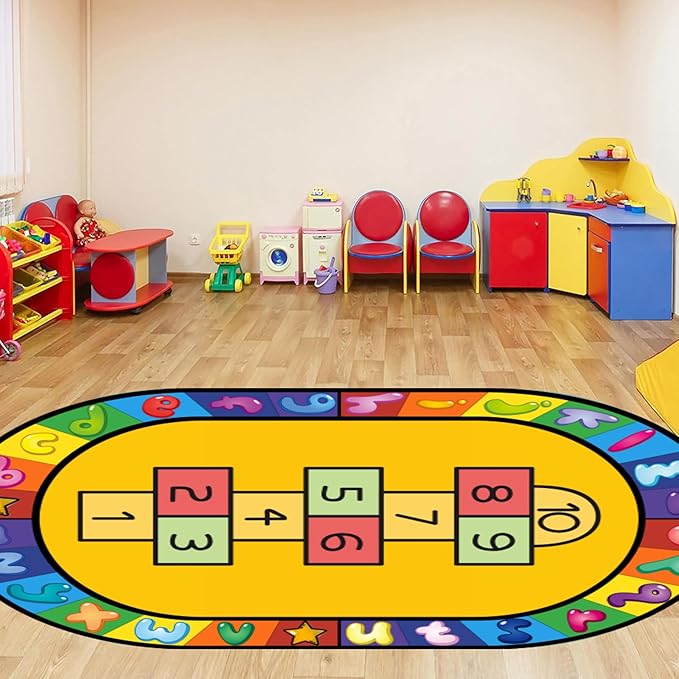 Hopscotch Kids Play Rug 5x8ft - Non-Slip Educational Alphabet & Numbers Learning Mat for Classroom, Nursery, Boys Girls Room - Washable Oval Game Carpet