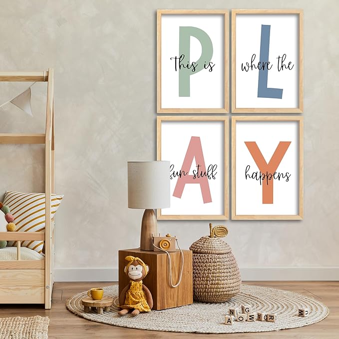 Surfapans Nursery Playroom Wall Decor 16"×11" Set of 4 This Is Where The Fun Stuff Happens sign Wooden Framed for Children's Room Wall Hanging Art (Wood)