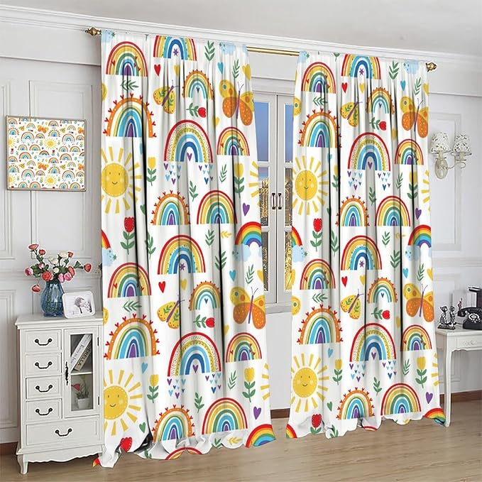 Boho Rainbow Curtains for Kids Nursery Colorful Floral Sun Star Clouds Pastel Bohemian Pattern Print Window Drapes for Girl Bedroom Living Room Kitchen Decor,2 Panel Set,42Wx63H Inch Blackout