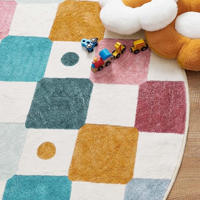 jinchan Macy Round Rug 5ft Kids Washable Rug Indoor Floor Cover Non-Slip Soft Elementary School Classroom Modern Colorful Diamond Carpet for Nursery Daycare Playroom Living Room Confetti on Cream