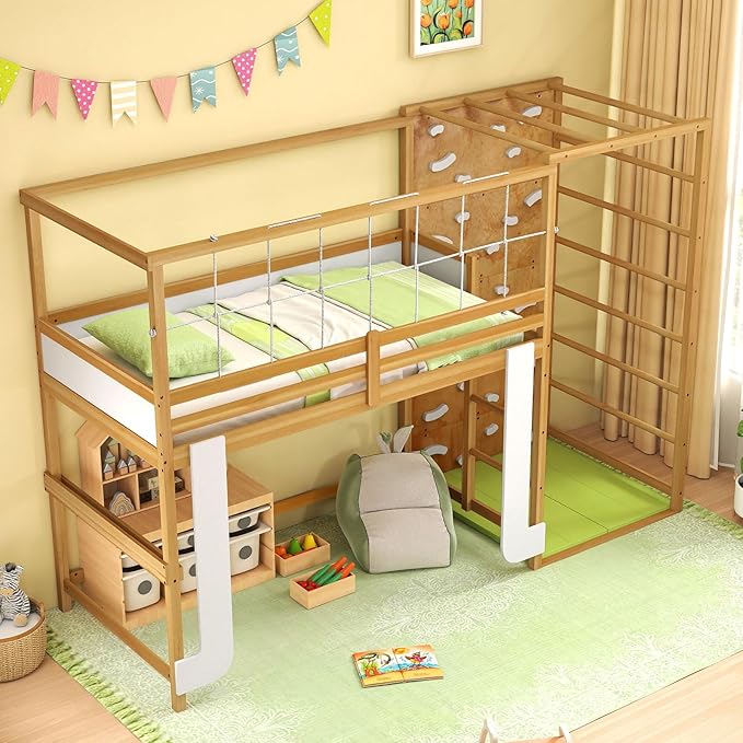 Giantex Twin Bunk Bed with Jungle Gym, 4-in-1 Wooden Loft Bed with Climbing Ladder, Rock Wall & Monkey Bar, Montessori Playhouse Bed with Full Length Guardrail & Wood Slat Support for Kids (Natural)