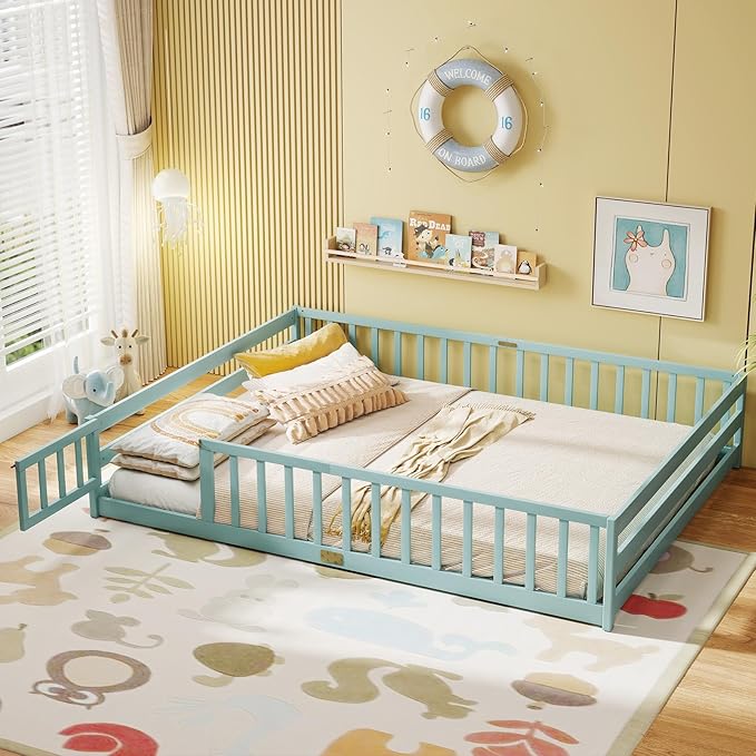 KOMFOTT Queen Size Wood Floor Bed with Door & Fence, Montessori Bed Frame with Full Length Safety Guardrails, Door & Latch, Wooden Montessori Floor Bed for Kids, Girls, Boys (Queen,Green)