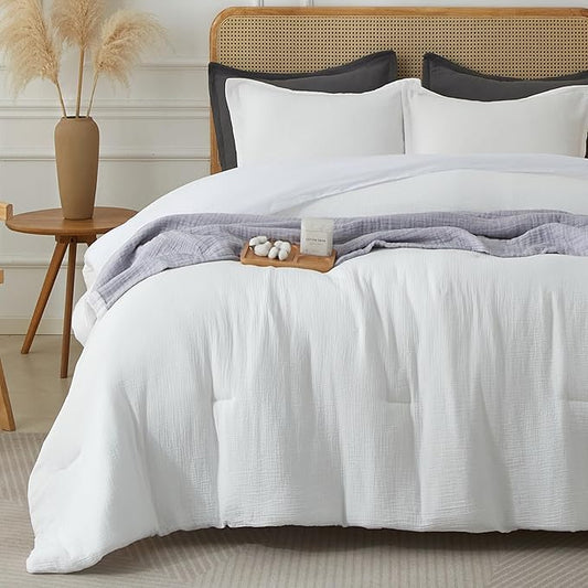 Muslin Comforter Set King Size, Cotton Cover & Polyester Filling, Breathable & Linen Like & Suitable for All-Season Use,3 Pieces(1 Comforter 104"x90", 2 Pillow Shams 20"x36"), White