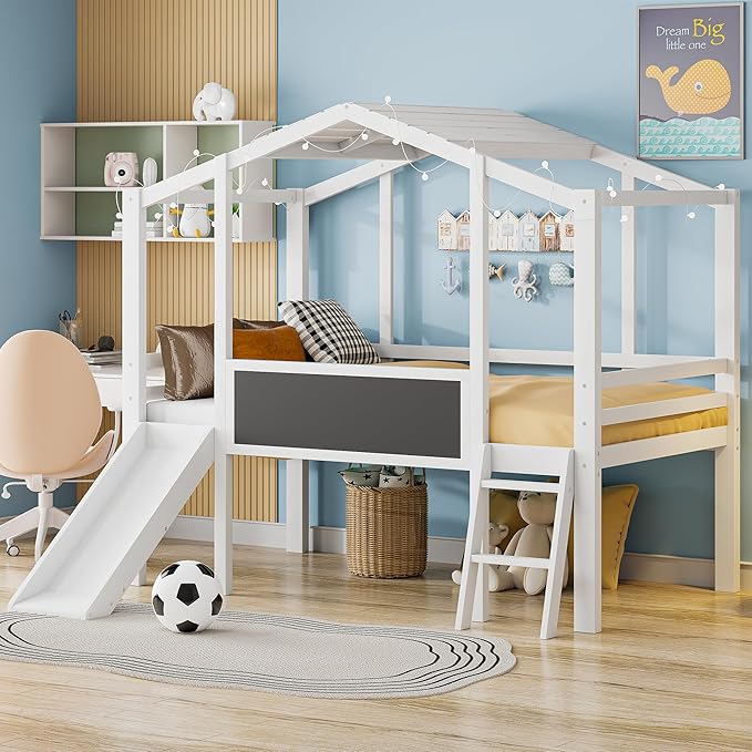 Play Fun Design Twin Size Loft Bed with Ladder and Slide for Kids Boys Girls, Solid Wood House Loft Bed Frame with Blackboard and Light Strip on The Roof, Sturdy Slat Support (White-6)