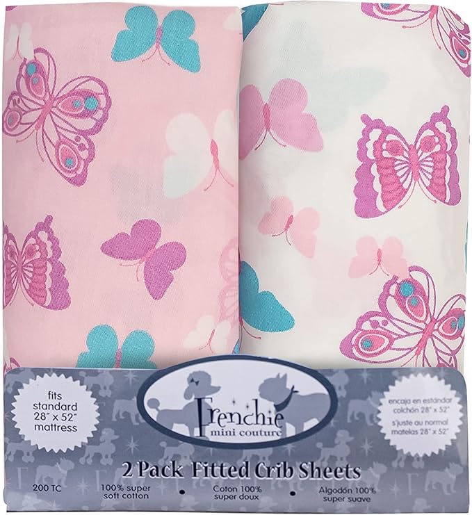 Frenchie Mini Couture, Crib Sheets 2 Pack, 100% Woven Cotton, Fitted Mattress Covers, Fits Standard Size Toddler Bed 28 x 52 x 8in, Butterfly