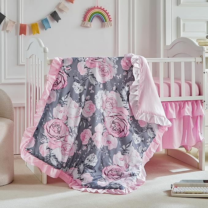 3 Pieces Flowers Crib Bedding Set Baby Ruffled Quilted Comforter with Fitted Sheet and Bed Skirt - Cute Ruffled Shabby Chic Baby Bedding Soft Blanket Gray Pink Rose Floral Design